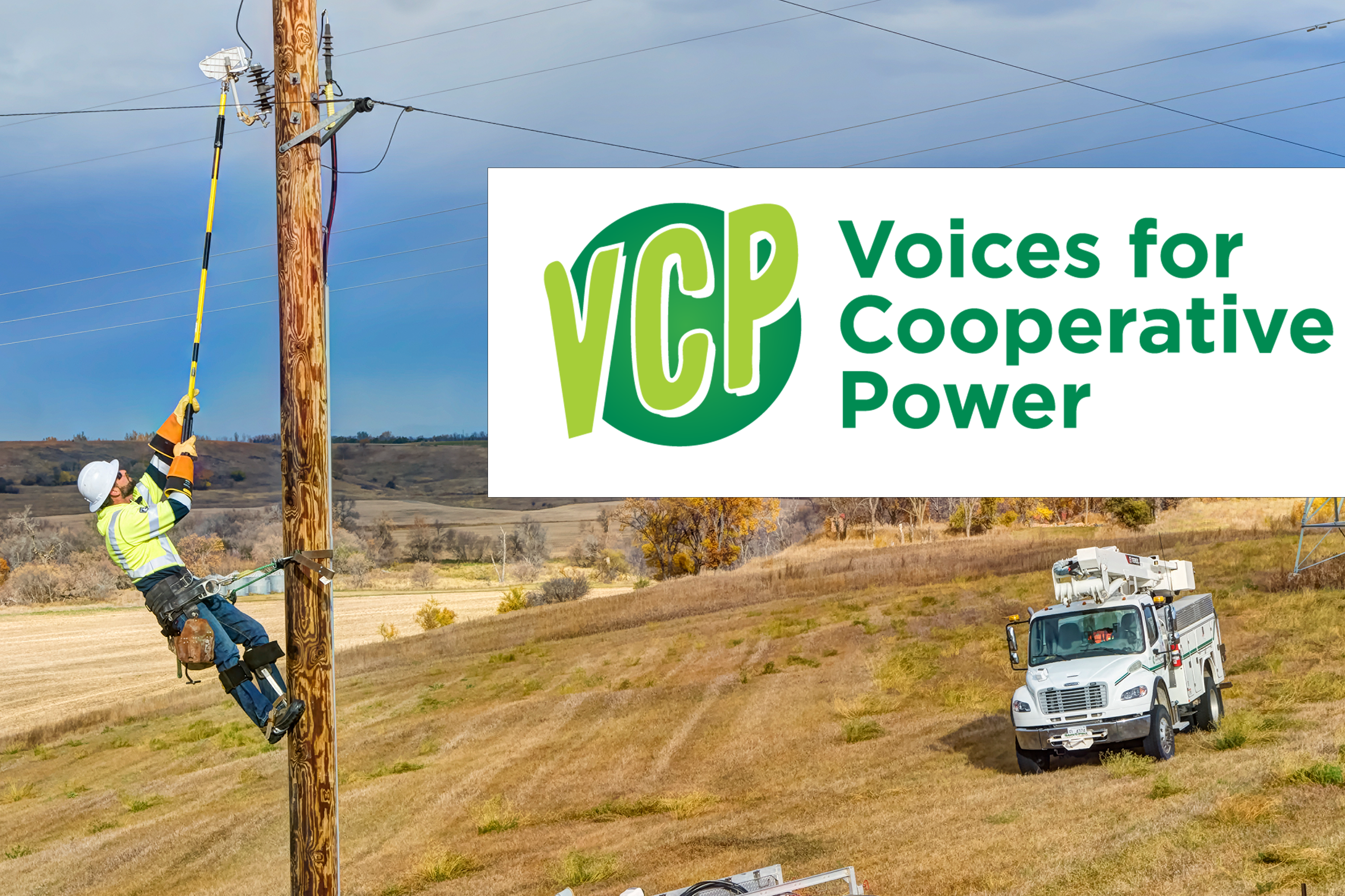 Voices for Cooperative Power logo with lineworker climbing pole