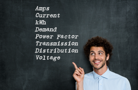 Man pointing at electricity terms